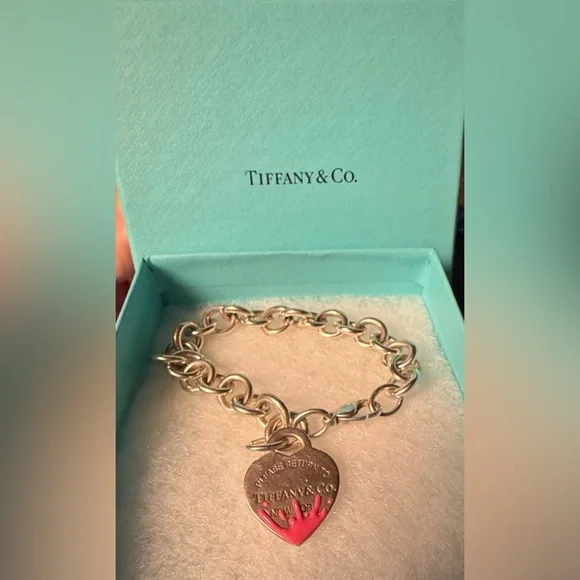 Rare Tiffany & Co. Pink Splash Return to Tiffany Heart Tag Silver Charm Bracelet - Picture 8 of 8